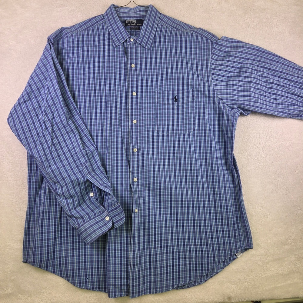 Polo Ralph Lauren Marlowe Blue Plaid Cotton Button Down Shirt Mens XL 3703